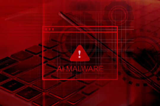 AI Malware attack virus alert , malicious software infection , cyber security awareness training to protect business information from threat attacks