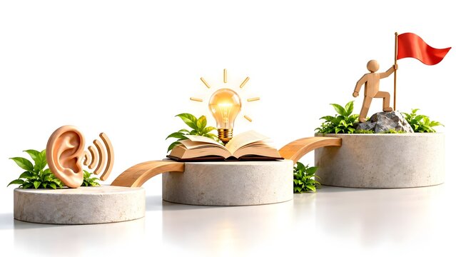 Personal development concept showing listening skills learning idea generation and success achievement process