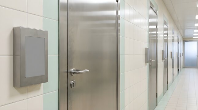 Security access door with biometric identity reader in long industrial corridor showcasing modern building access control and safety infrastructure design