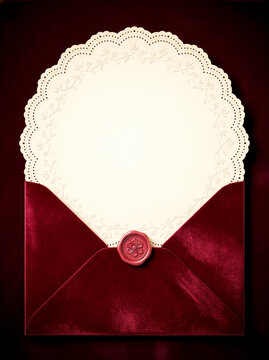 Burgundy velvet envelope with floral wax seal and blank scalloped lace paper card for invitation