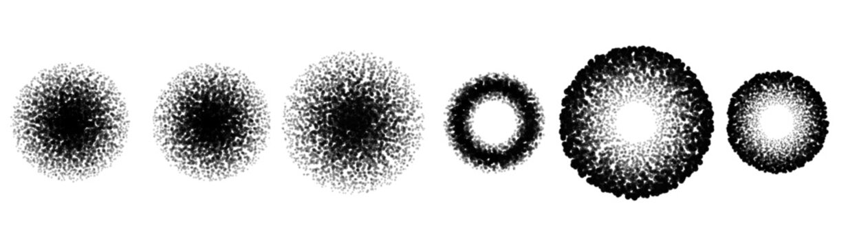 Set of black stippled circular shapes and halftone dot brushes with stippled cir