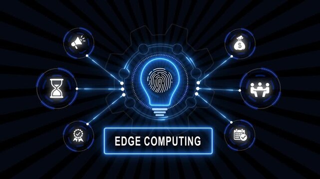 Edge computing concept with glowing fingerprint lightbulb and connected digital business technology network nodes motion animation background, for modern corporate, it solutions
