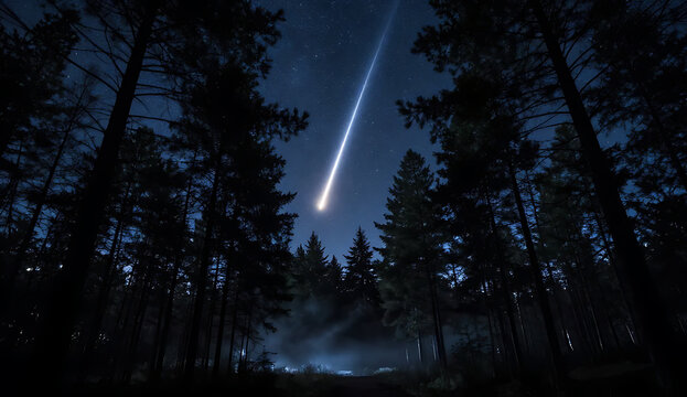 Meteor shower in dense forest night sky with transparent background