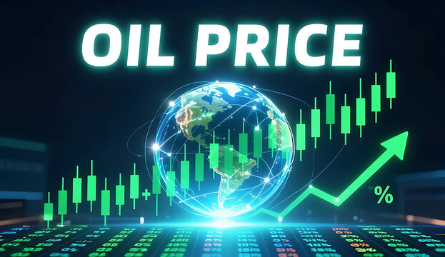 Oil price chart rising with globe and stock market indicators on