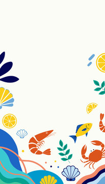 Seafood restaurant menu border with flat vector shrimp, crab, and fish. Marine life frame for social media. Nautical background with sea animals.