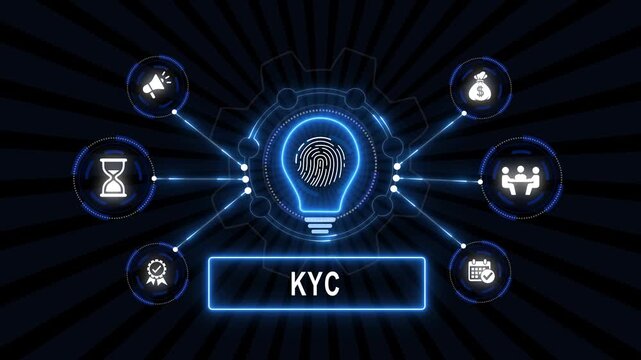 Kyc know your customer digital business identity verification biometric security system concept motion background, animation featuring glowing, futuristic technology interface
