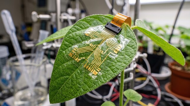 Flexible electronic sensor attached to plant leaf for agricultural health monitoring research