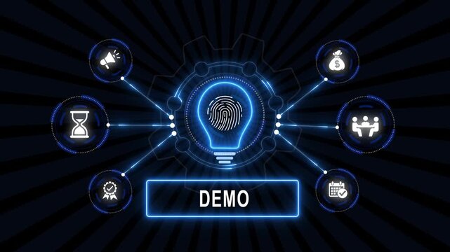 Futuristic digital demonstration concept featuring glowing light bulb fingerprint identification hud interface with connected business and network symbols on dark abstract background