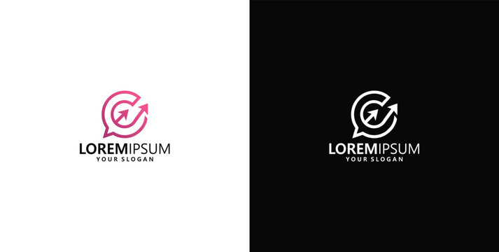 Abstract letter C logo design with an upward arrow in a speech bubble, symbolizing clear communication, progressive growth, and innovative business development for future success