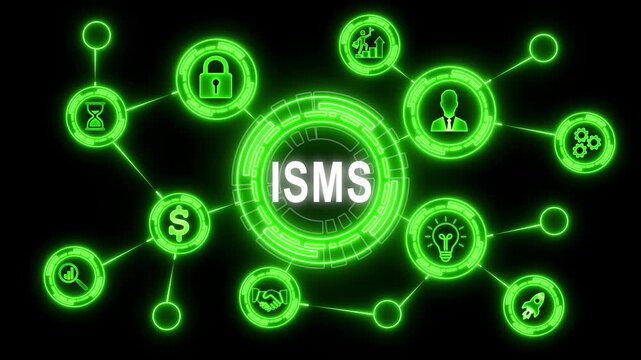 Futuristic information security management system isms glowing green interface with interconnected digital network cyber security data protection technology concept motion background animation