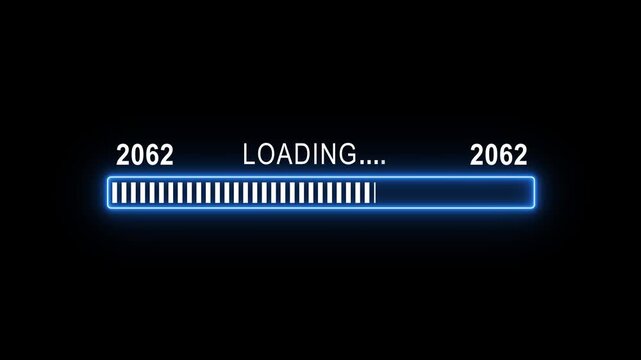 Futuristic neon blue progress bar loading animation with digital glitch effect and cyberpunk sci-fi featuring year 2062 timestamp on isolated black background, for technology projects