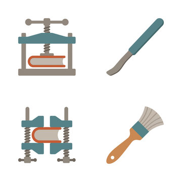 Book press and bookbinding hand tools collection showing bone folder, press machine, and paste brush.
