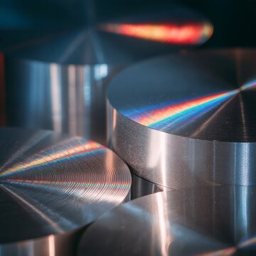 Precision CNC turned stainless steel discs with rainbow light diffraction texture