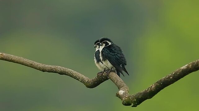 Small fluffy black and white bird perched on a bare curved branch against blurred green background