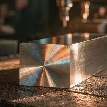 Precision CNC milled steel block with circular facing texture and rainbow light reflection