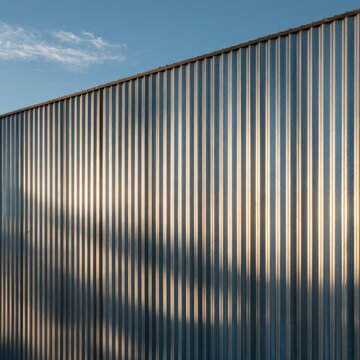Corrugated galvanized metal wall siding with sunlight reflection under blue sky