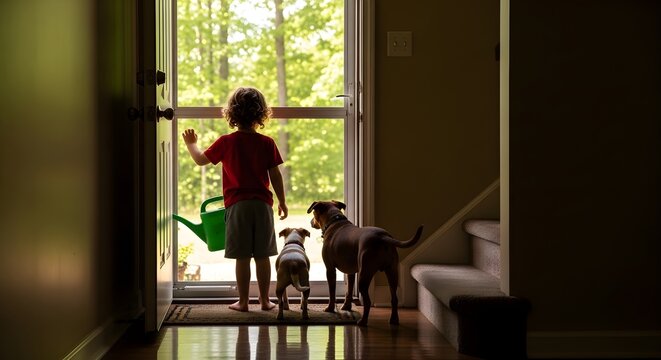 Heartwarming Childhood Moment Silhouette of a young boy with a watering can and two dogs looking out an open door towards a sunny forest ideal for family lifestyle blogs and pet ownership articles.