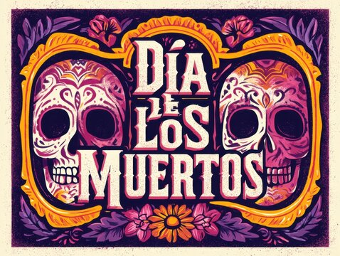 Colorful dia de los muertos sugar skulls illustration with floral design