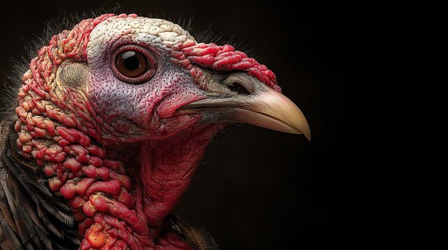 Wild turkey head portrait with detailed caruncles and textured skin captured in close up photography against black background