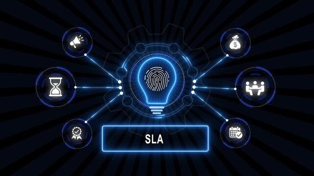 Comprehensive sla business service level agreement concept with glowing digital interface, fingerprint lightbulb, gear mechanism, and modern infographic on dark futuristic background