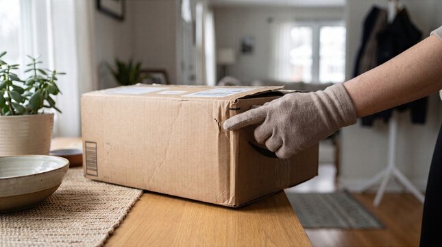 Gloved hand inspecting damaged cardboard shipping box