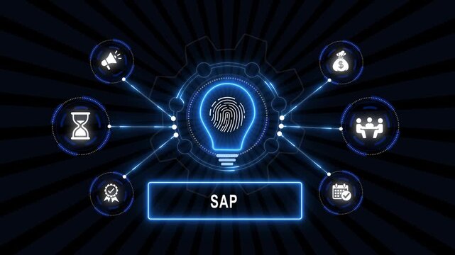 Sap business system integration concept with digital lightbulb and glowing network nodes featuring enterprise resource planning technology solutions for modern corporate digital transformation