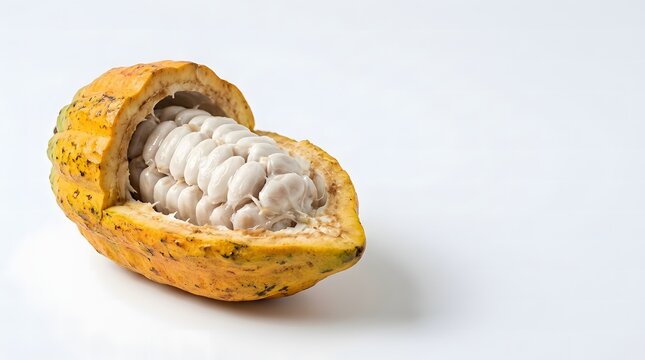Open yellow cacao pod showing fresh white pulp-covered beans on a white background.