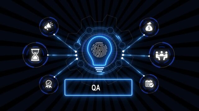 Glowing blue digital qa acronym text concept animation with bright illuminated light bulb, biometric fingerprint rotating mechanism gear wheel, and futuristic business network background