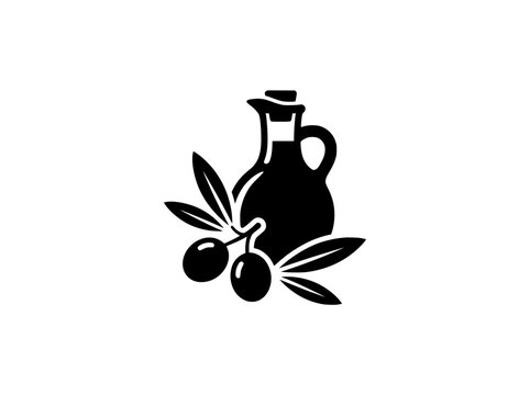 Olive oil bottle vector icon, black extra virgin olive oil jar with branch and leaves silhouette, Mediterranean food packaging design element