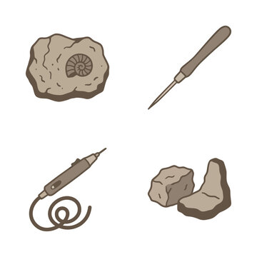 Paleontology icons display fossils and excavation tools like chisels and stone hammers for archeological research.