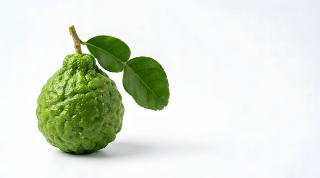 Bumpy green makrut lime with two fresh leaves on a clean white background.