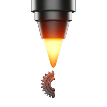 3D printer nozzle materializing a metal gear isolated on transparent background for industrial manufacturing visualization