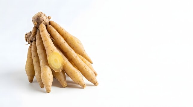 Bunch of fresh fingerroot rhizomes with one cut end showing yellow flesh on a white background.