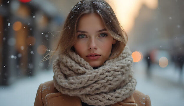 Woman wearing chunky knit scarf during winter snowfall in city street