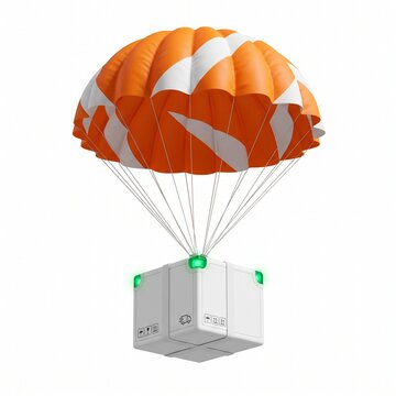 3D white smart delivery parcel box descending with orange parachute on white
