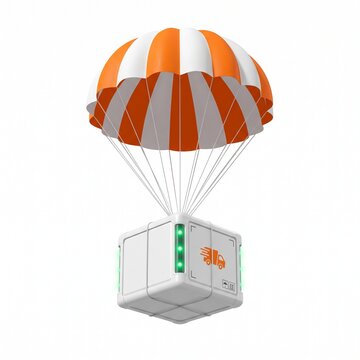 3D white smart delivery parcel box descending with orange parachute on white