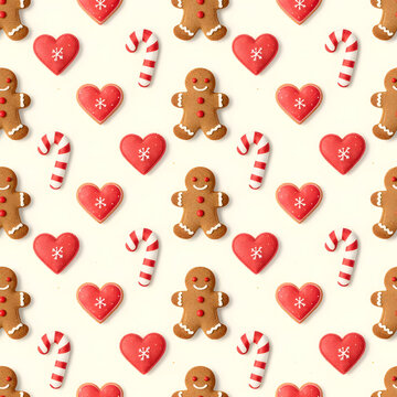 Seamless pattern of Christmas gingerbread man cookies, red heart biscuits, and candy canes on white background