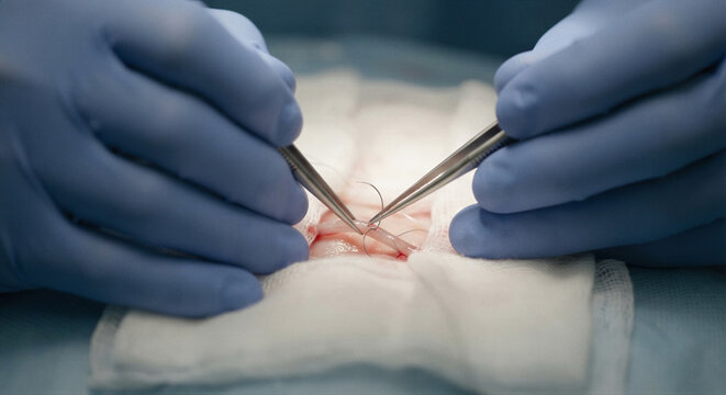 Microsurgeon hands in blue gloves performing precise vascular anastomosis with micro forceps