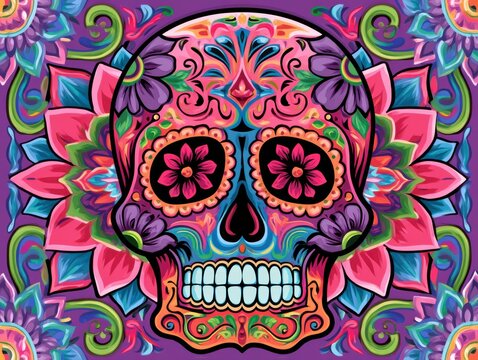 Colorful sugar skull with floral patterns and swirls