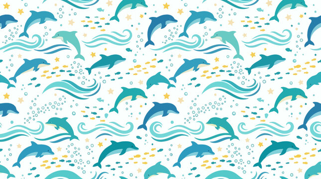 Cute Dolphin Pattern: Ocean Waves, Fish, and Stars