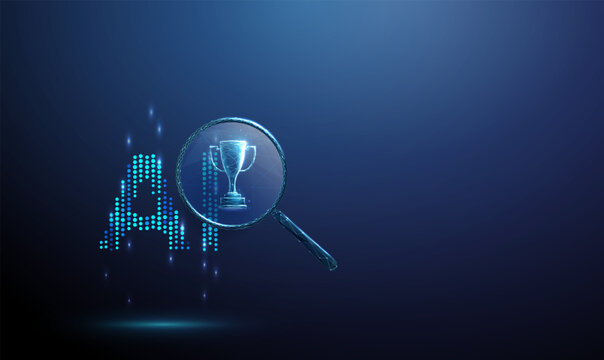 3D blue magnifying glass with trophy and AI. Artificial intelligence, machine learning, neural network, big data, model training, algorithm development, research concept