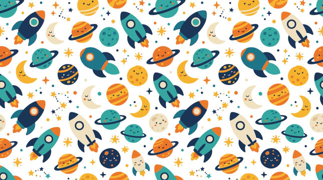 Cute Space Pattern: Rockets, Planets, Moon, Stars - Kids Cartoon Design