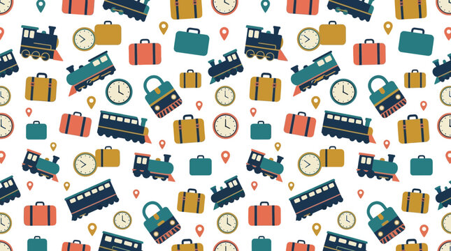 Cute Train and Luggage Pattern: Travel and Adventure Seamless Background