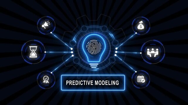 Predictive modeling business concept with glowing lightbulb fingerprint innovation and connected technological data analytics interface animation on dark digital network background
