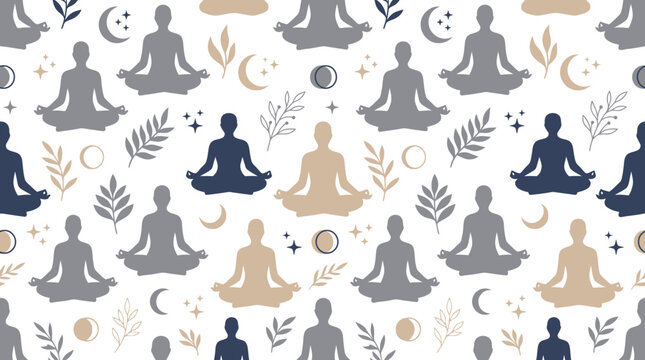 Meditating Figures Seamless Pattern: Yoga, Zen, Tranquility, Nature Elements