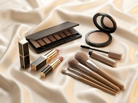 Set of professional makeup cosmetics and beauty brushes on a soft light fabric background. makeup combo deals