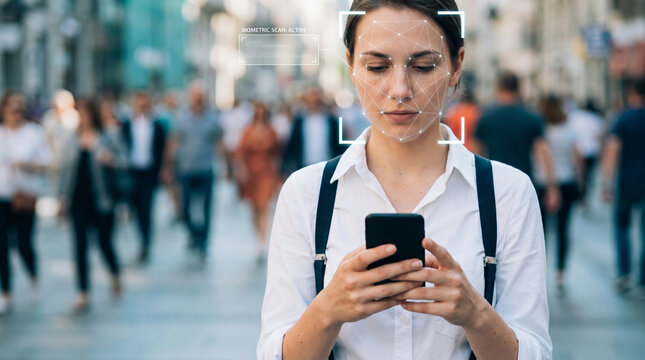 Identity face scanner biometric recognition woman smartphone city street. Facial recognition identification system. cyber security privacy protection safety, person access verification