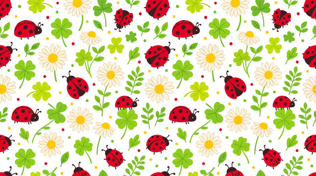 Seamless Pattern: Ladybugs, Clovers, and Daisies - Cute Spring Background