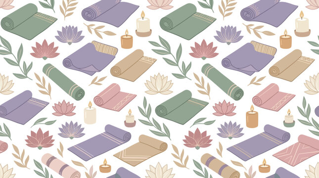 Yoga Mat Pattern: Lotus Flowers, Candles, and Greenery - Wellness Background