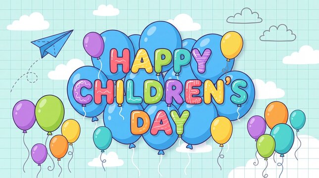 Colorful balloons and a paper airplane celebrate Childrens Day.